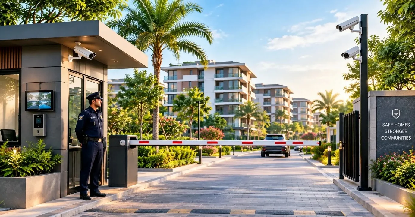 Gated community entrance with security guard and CCTV cameras