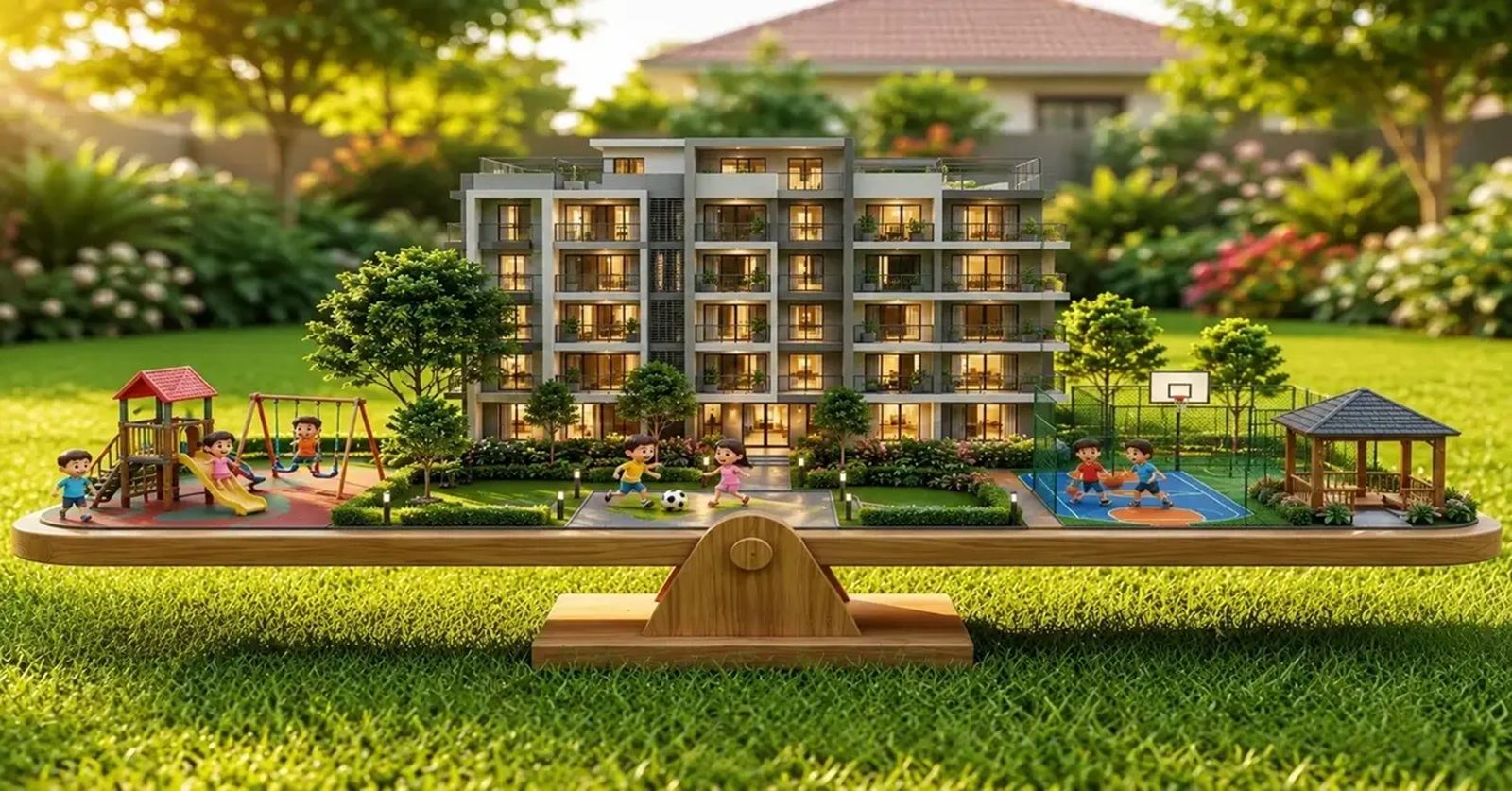 Kid-friendly apartment community with playgrounds, sports areas and safe outdoor spaces for families